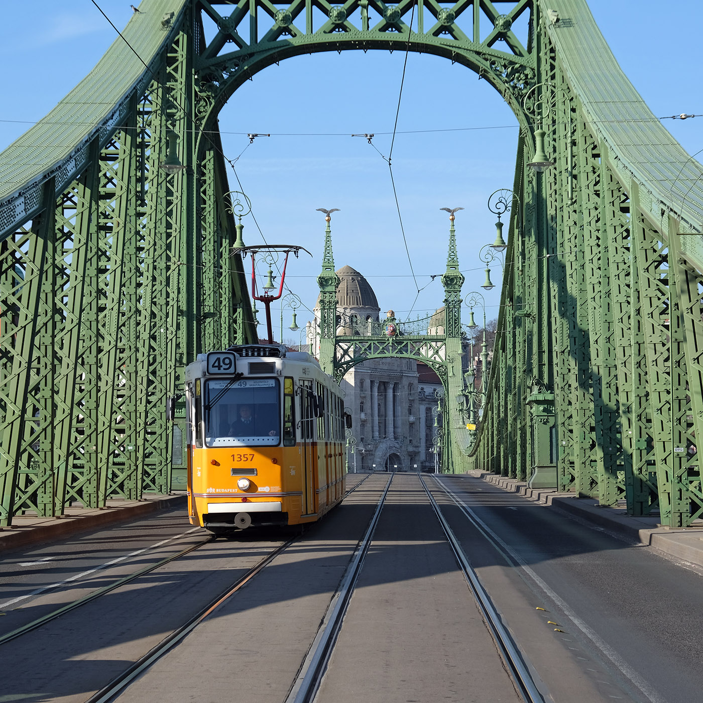 Tram crossing Liberty Bridge in Budapest